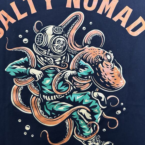 Mens Salty Nomad Tee Diver Octopus Ocean Adventure Shirt Black Small Graphic - Picture 7 of 8